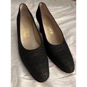 Salvatore Ferragamo Black Suede Vintage Heels With Gold Print 8AA
